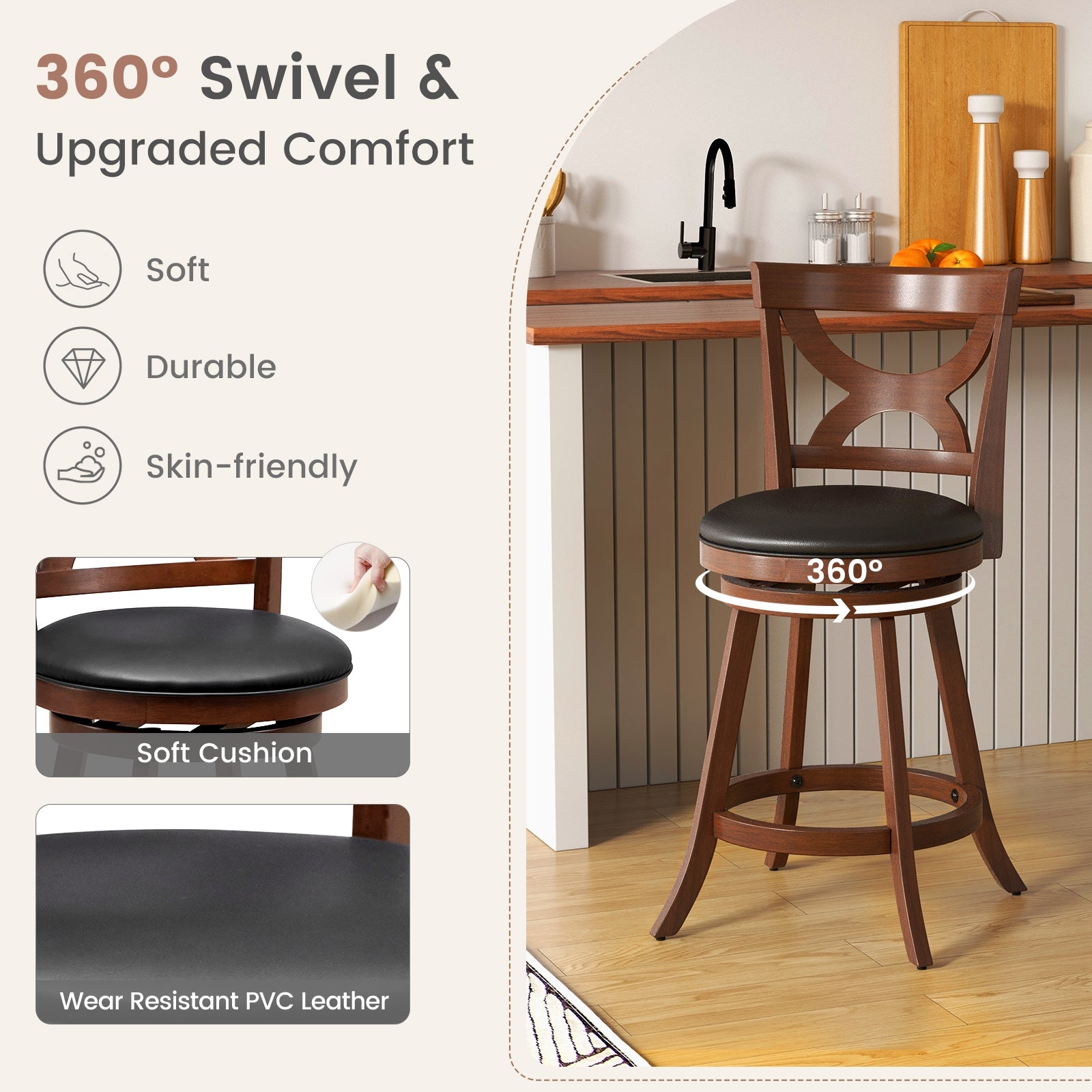24 Inch Swivel Bar Stools, Set Of 2, Soft Cushion, Hollow Backrest, Brown Bar Stools at Gallery Canada