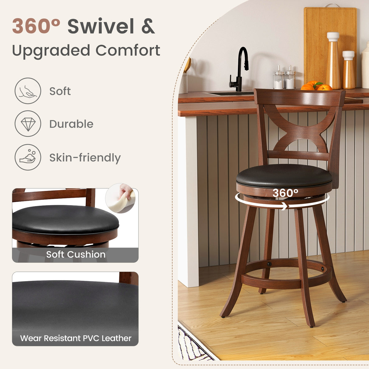 24 Inch Swivel Bar Stools, Set Of 2, Soft Cushion, Hollow Backrest, Brown Bar Stools at Gallery Canada