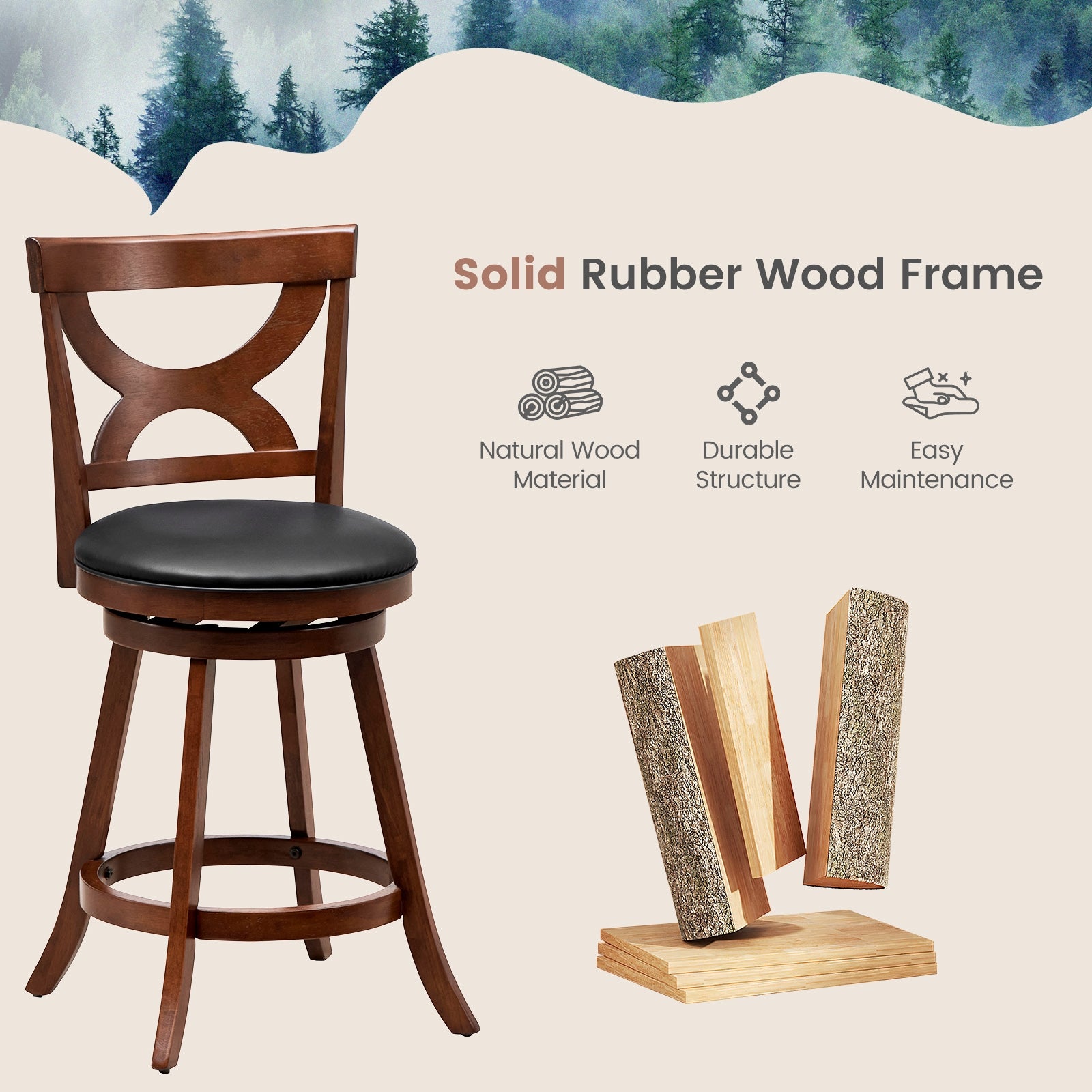 24 Inch Swivel Bar Stools, Set Of 2, Soft Cushion, Hollow Backrest, Brown Bar Stools at Gallery Canada