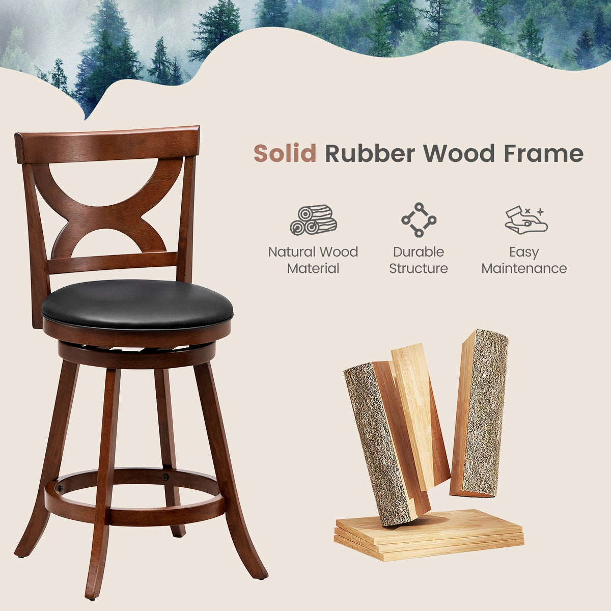24 Inch Swivel Bar Stools, Set Of 2, Soft Cushion, Hollow Backrest, Brown Bar Stools at Gallery Canada