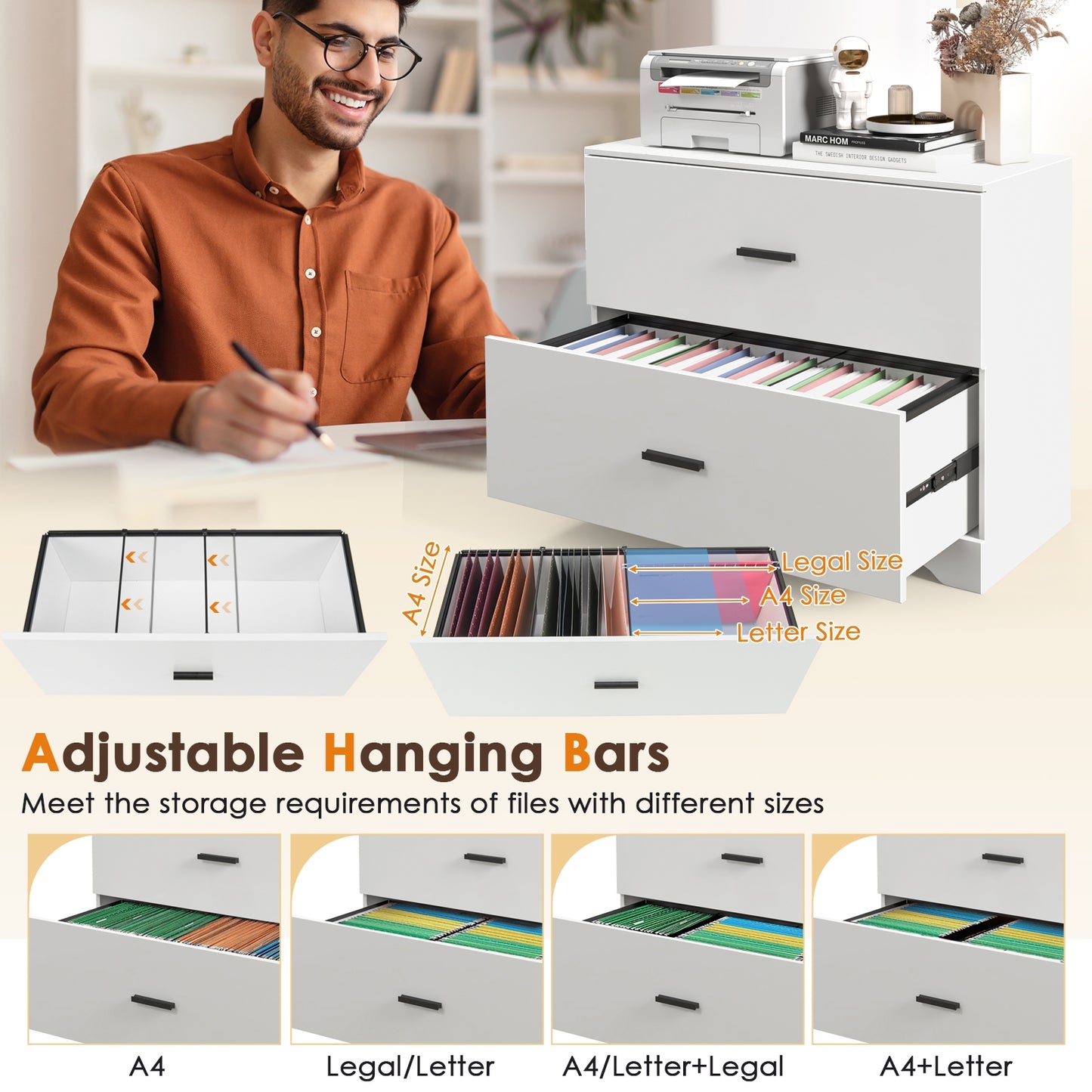 2-Drawer Lateral File Cabinet, Adjustable Bars, White File Cabinets at Gallery Canada
