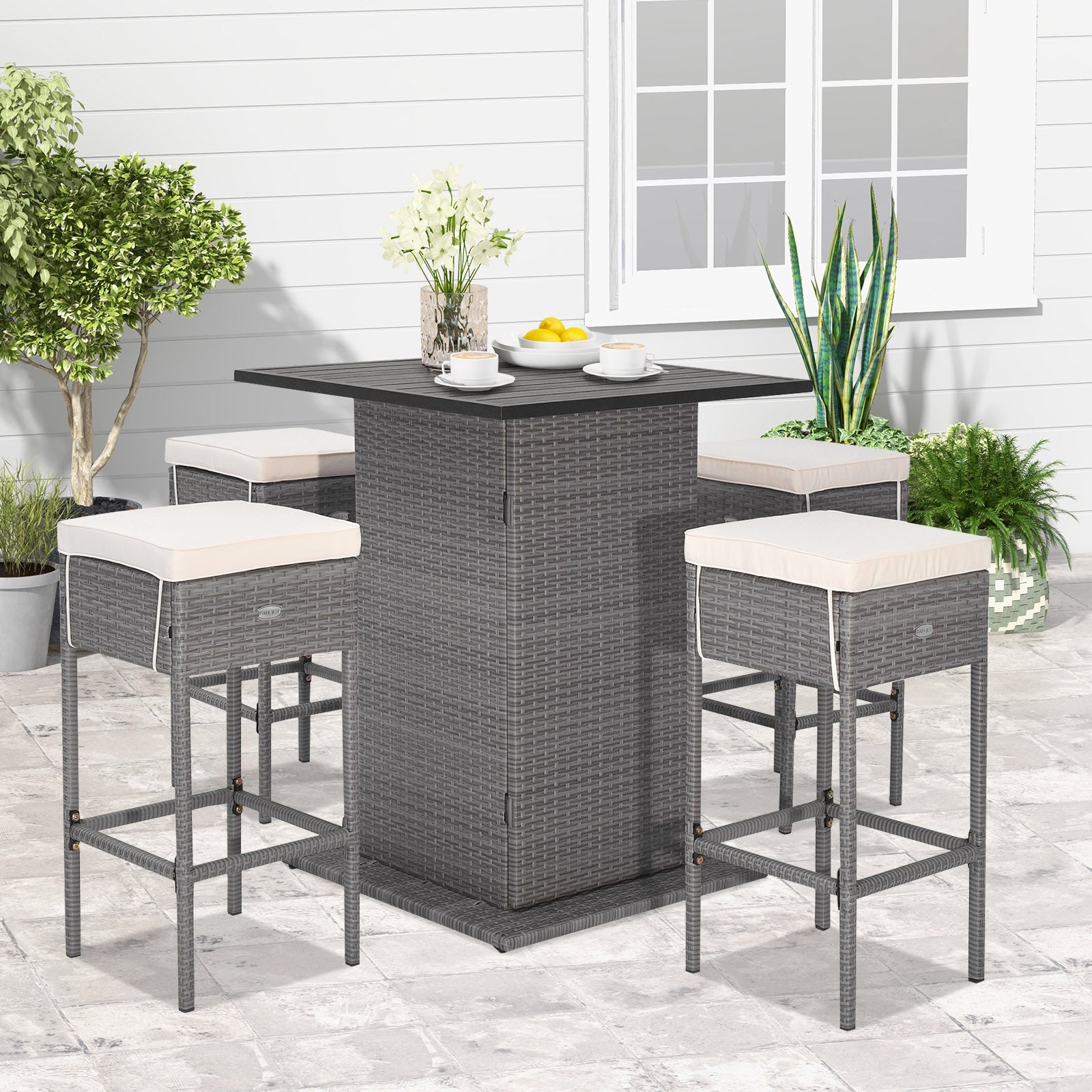 5 Piece Wicker Bar Table Set, Hidden Storage Shelves, Beige Patio Bar Furniture at Gallery Canada