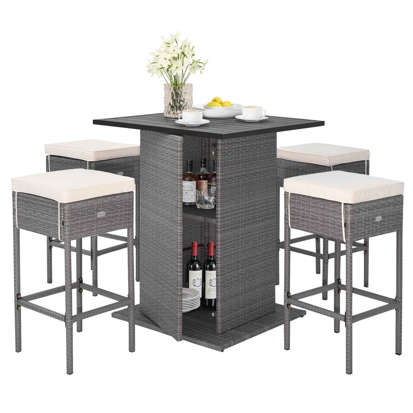 5 Piece Wicker Bar Table Set, Hidden Storage Shelves, Beige Patio Bar Furniture at Gallery Canada