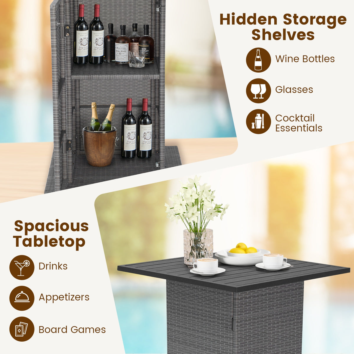 5 Piece Wicker Bar Table Set, Hidden Storage Shelves, Beige Patio Bar Furniture at Gallery Canada
