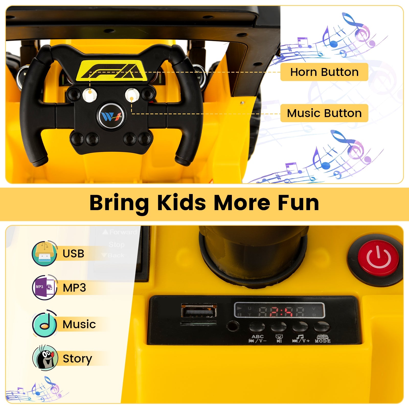 12V Kids Ride On Construction Tractor, Adjustable Electric Bucket, Yellow Powered Ride On Toys at Gallery Canada