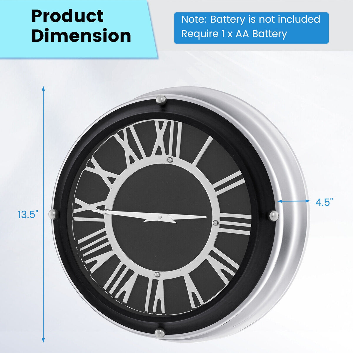 13.5/17.5 Inch Silent Wall Clock, Silver Frame-S, Black Decorative Accessories at Gallery Canada