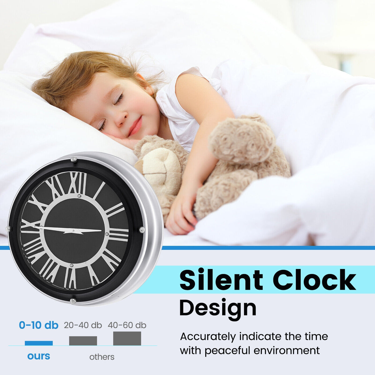 13.5/17.5 Inch Silent Wall Clock, Silver Frame-S, Black Decorative Accessories at Gallery Canada
