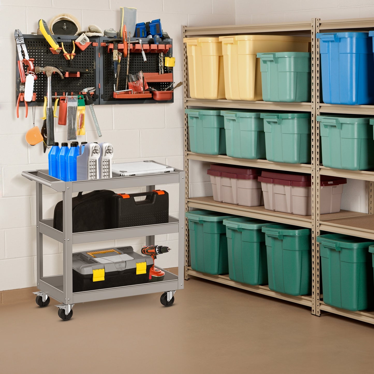 3-Tier Metal Utility Cart, With Lockable Wheels, Gray Garages at Gallery Canada