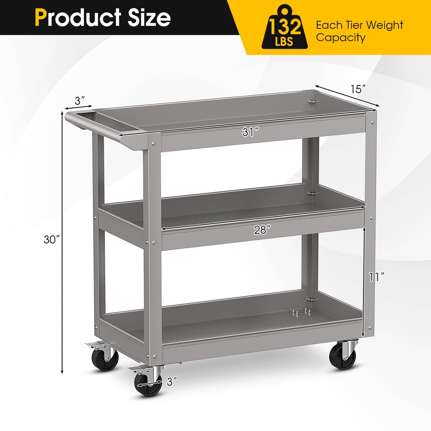 3-Tier Metal Utility Cart, With Lockable Wheels, Gray Garages at Gallery Canada