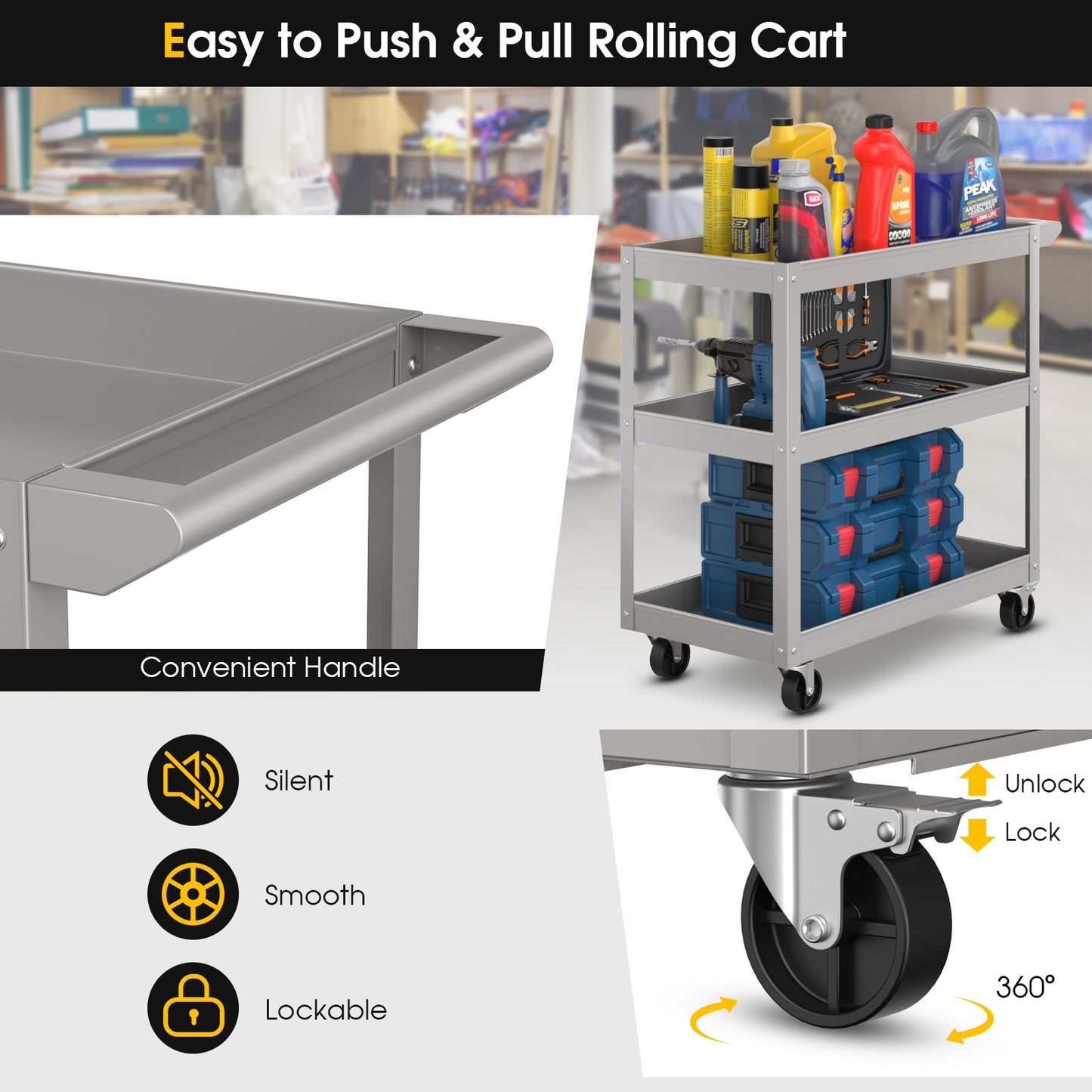 3-Tier Metal Utility Cart, With Lockable Wheels, Gray Garages at Gallery Canada