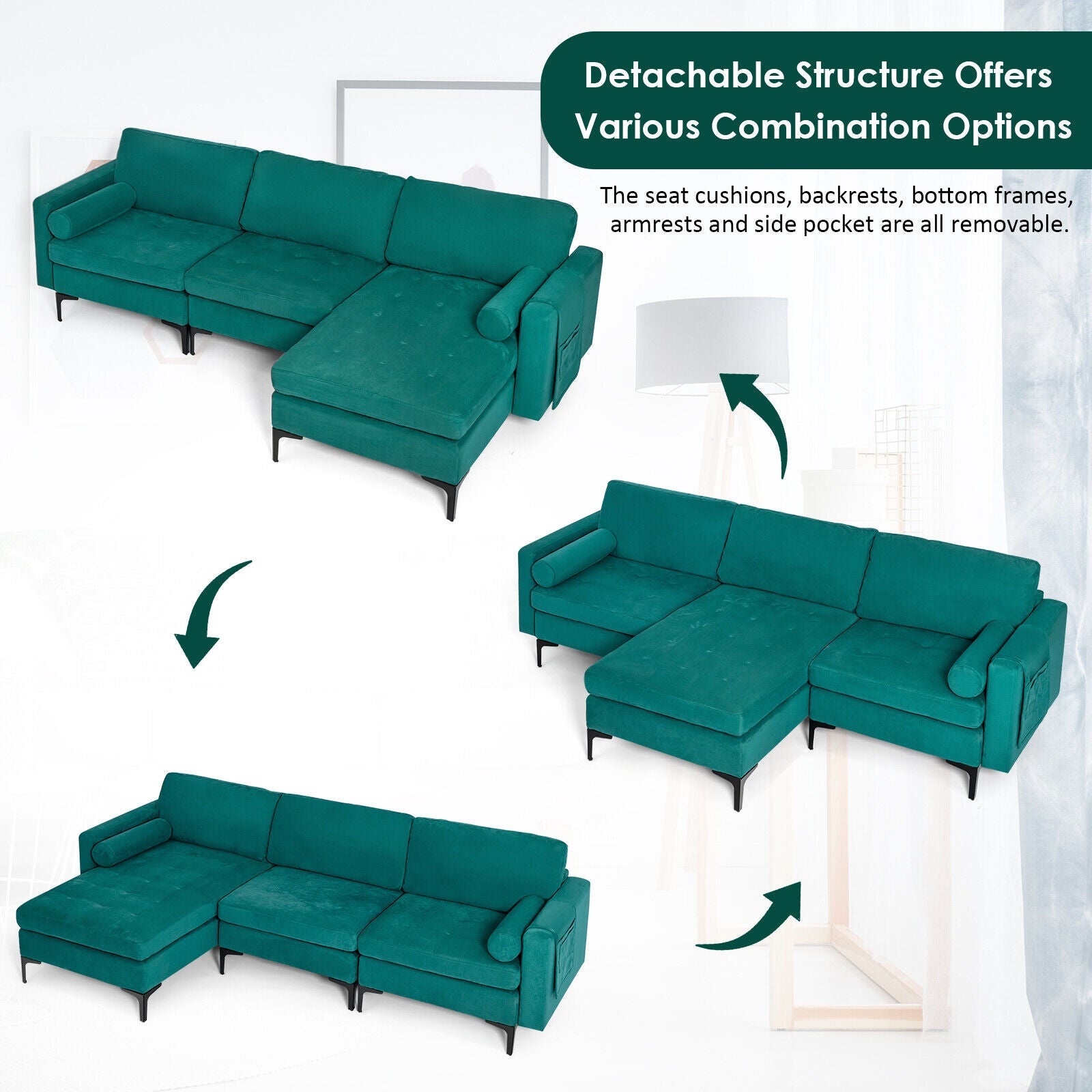 Modular L-Shaped Sectional Sofa, 3-Seat, USB Port, Teal Sofas & Loveseats at Gallery Canada