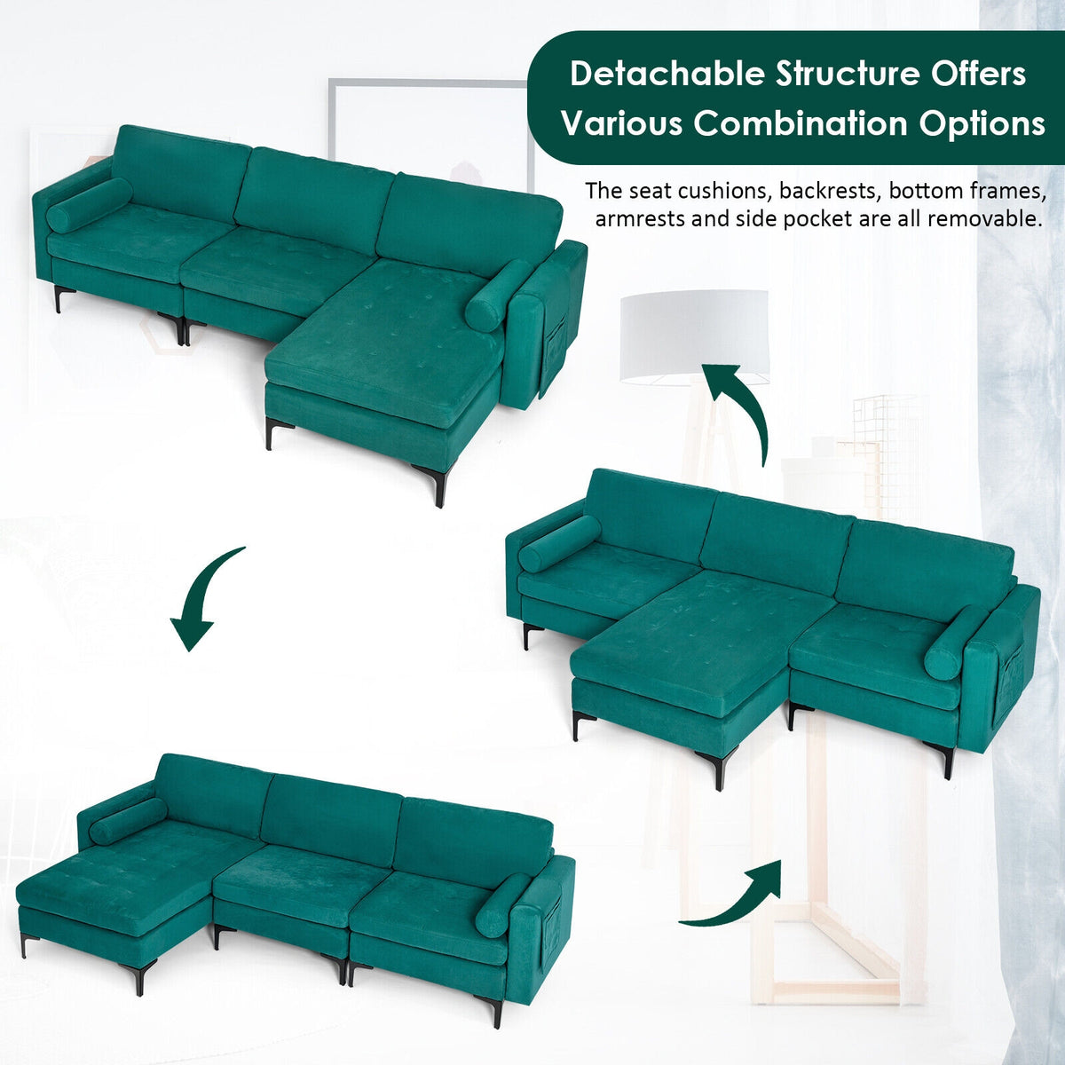 Modular L-Shaped Sectional Sofa, 3-Seat, USB Port, Teal Sofas & Loveseats at Gallery Canada