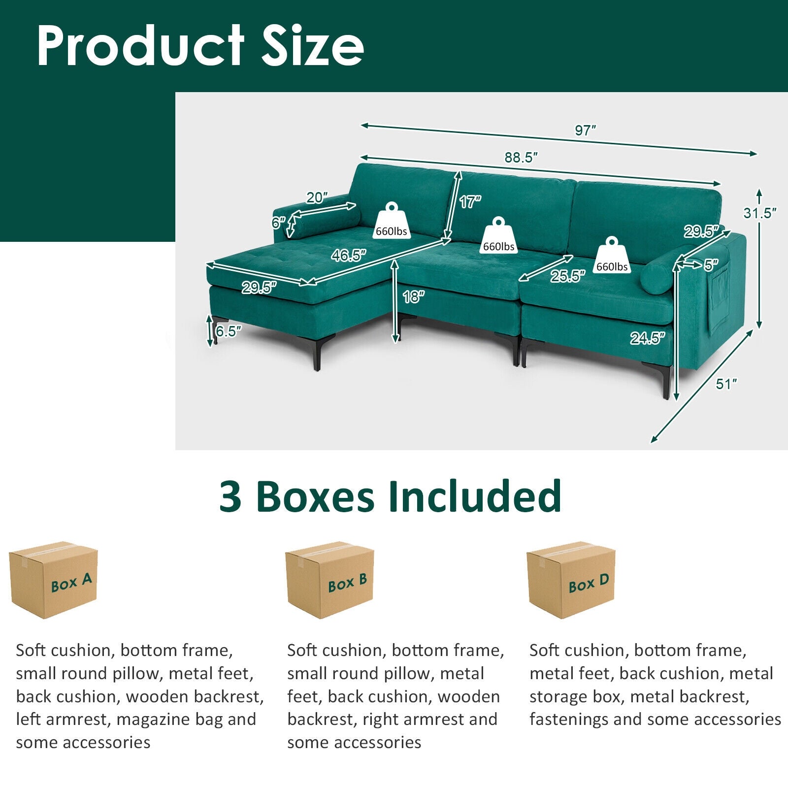 Modular L-Shaped Sectional Sofa, 3-Seat, USB Port, Teal Sofas & Loveseats at Gallery Canada