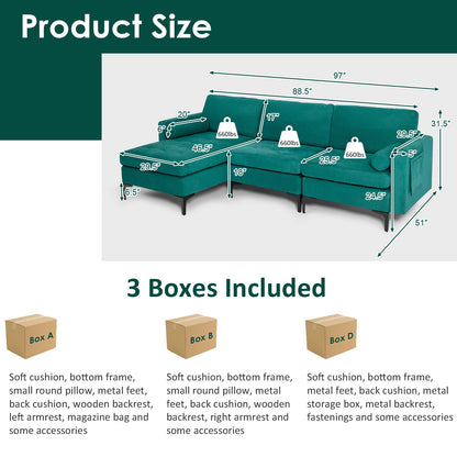 Modular L-Shaped Sectional Sofa, 3-Seat, USB Port, Teal Sofas & Loveseats at Gallery Canada