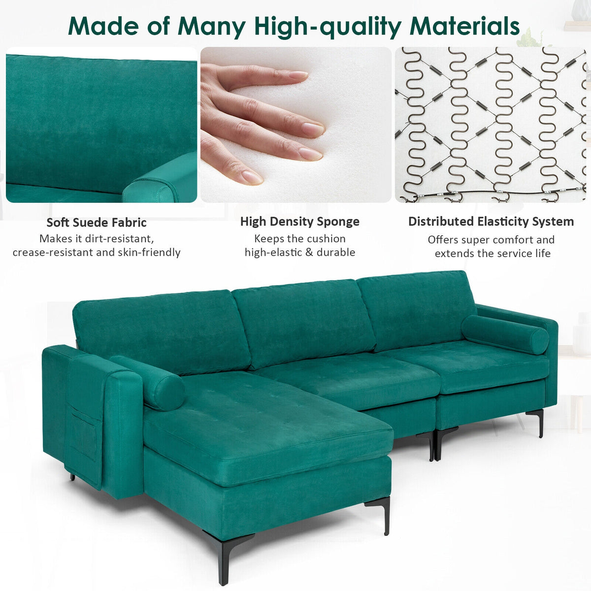 Modular L-Shaped Sectional Sofa, 3-Seat, USB Port, Teal Sofas & Loveseats at Gallery Canada