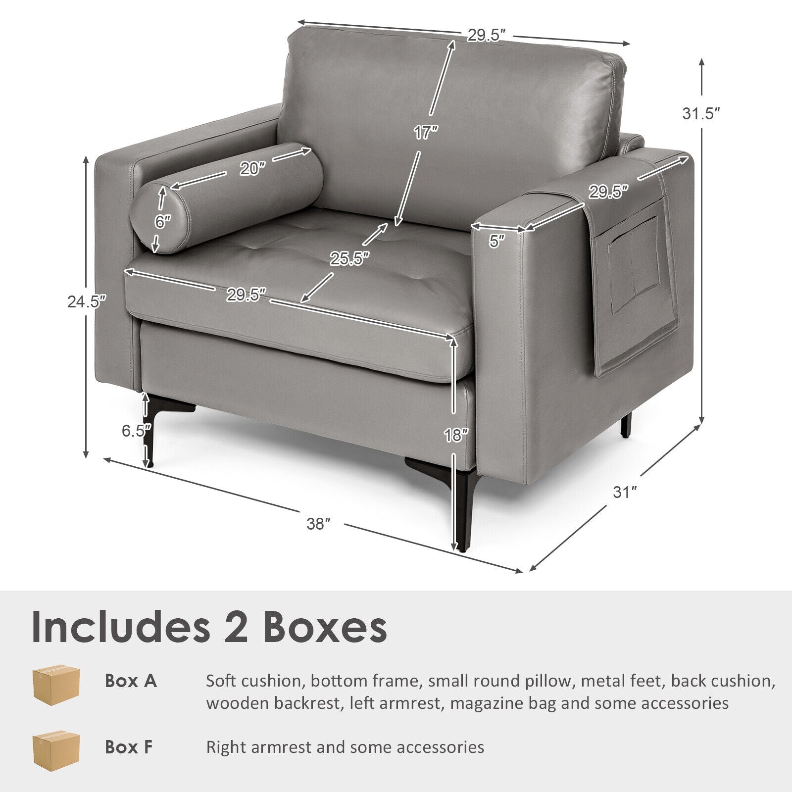 Modern Single Sofa With Storage Pocket, Light Gray Accent Chairs at Gallery Canada