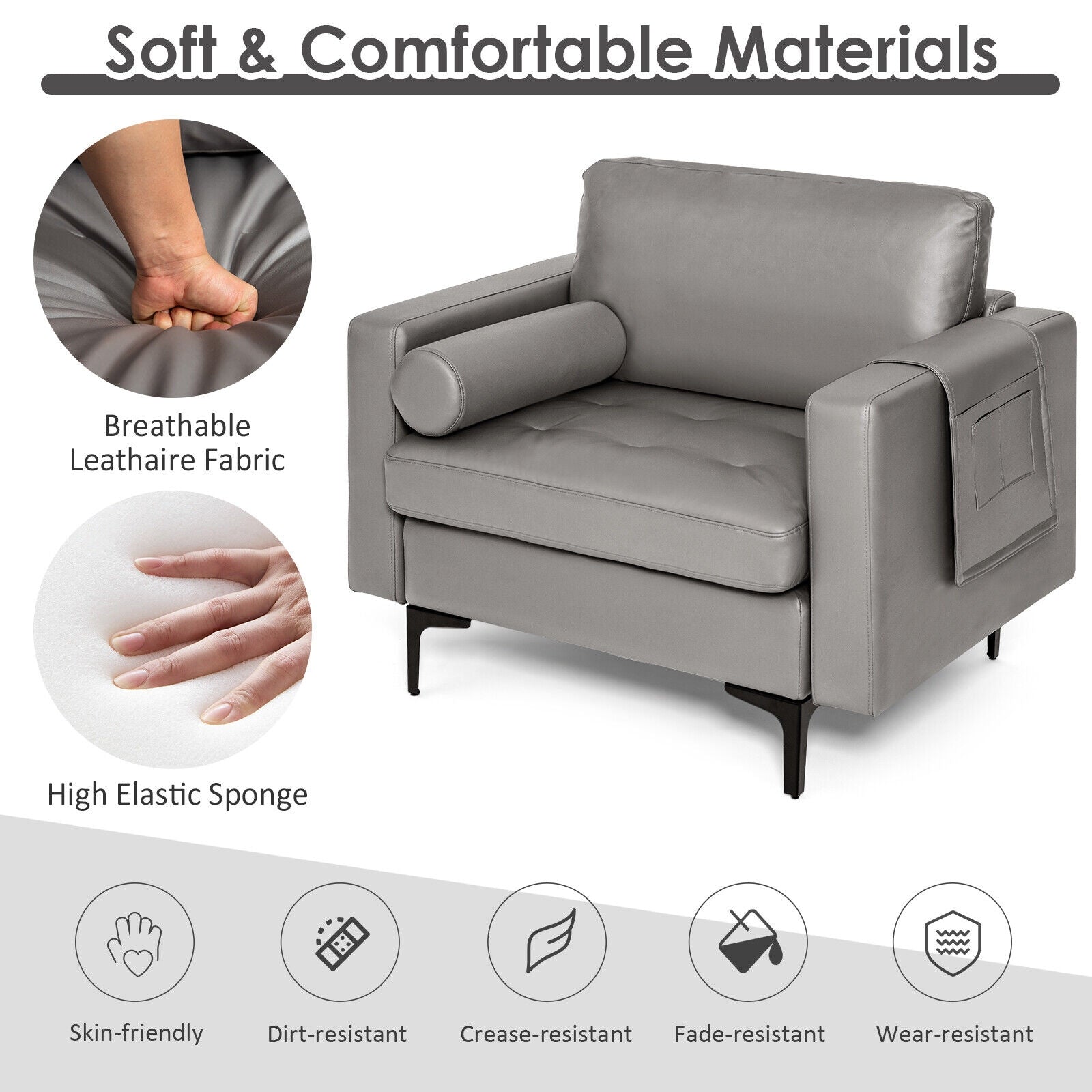 Modern Single Sofa With Storage Pocket, Light Gray Accent Chairs at Gallery Canada