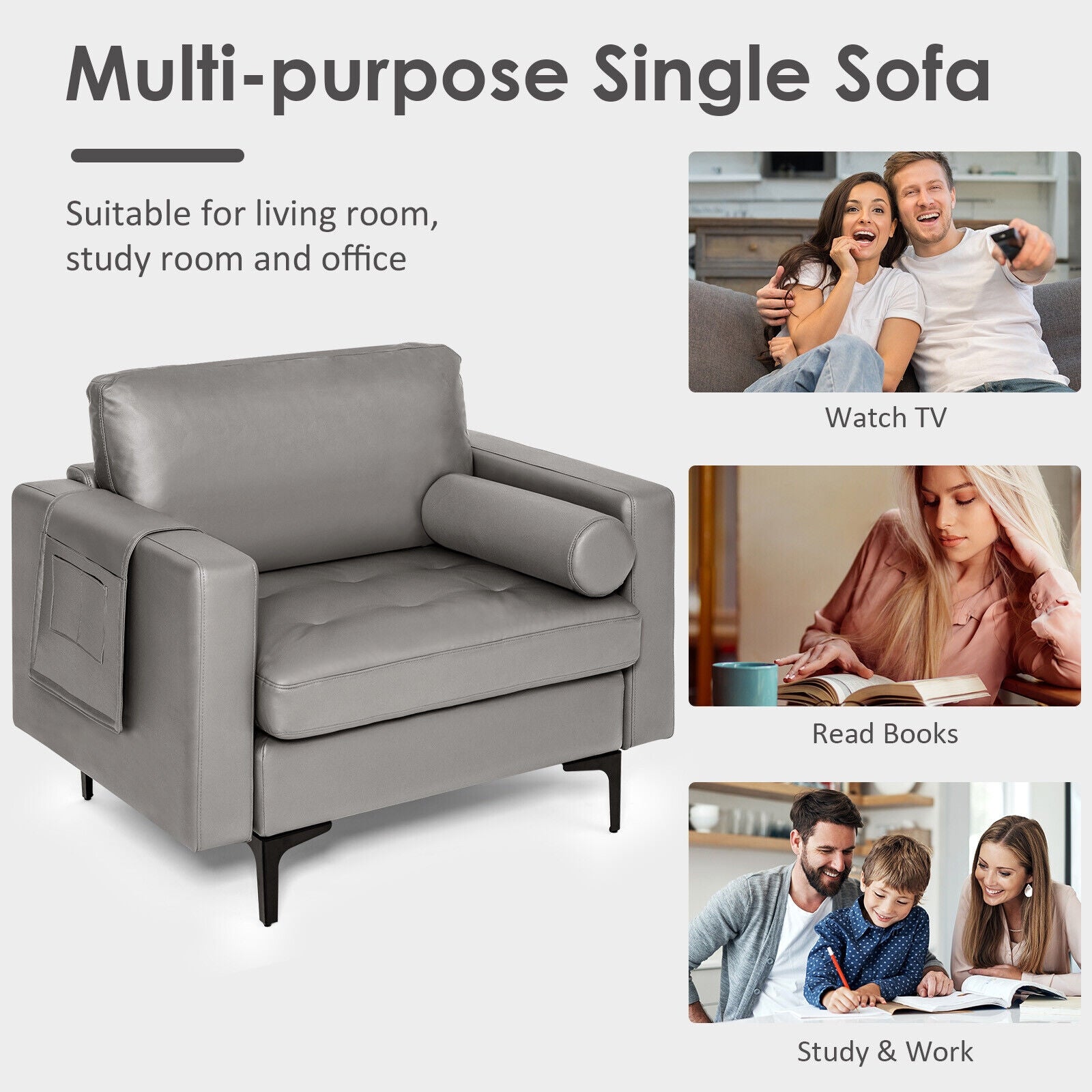 Modern Single Sofa With Storage Pocket, Light Gray Accent Chairs at Gallery Canada