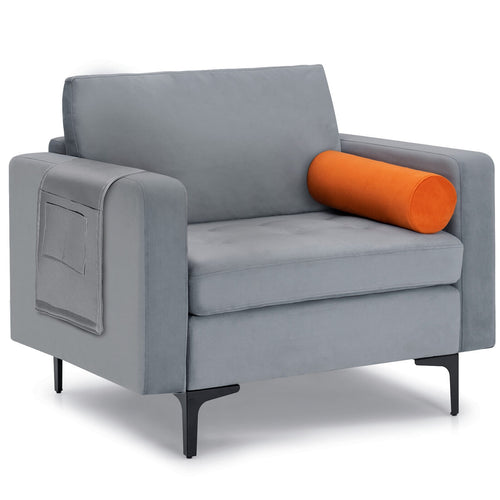 Modern Accent Chair With Bolster, Side Storage Pocket, Gray