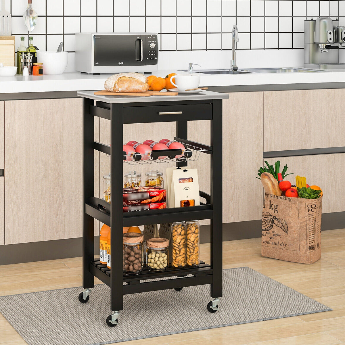 Kitchen Island Cart with Stainless Steel Tabletop and Basket, Black Kitchen Islands & Carts at Gallery Canada