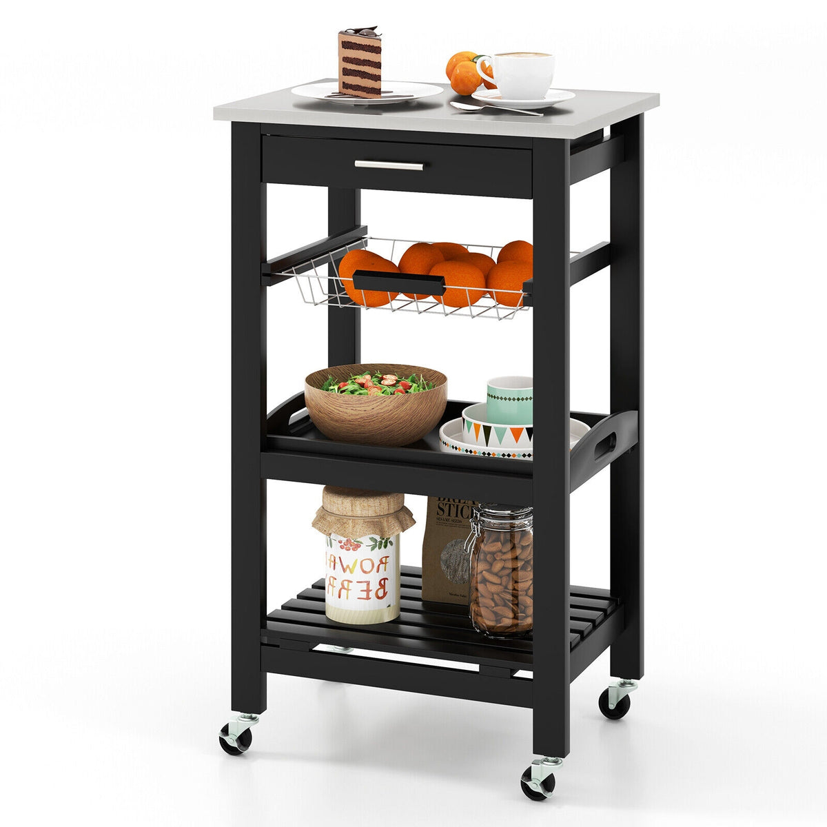 Kitchen Island Cart with Stainless Steel Tabletop and Basket, Black Kitchen Islands & Carts at Gallery Canada