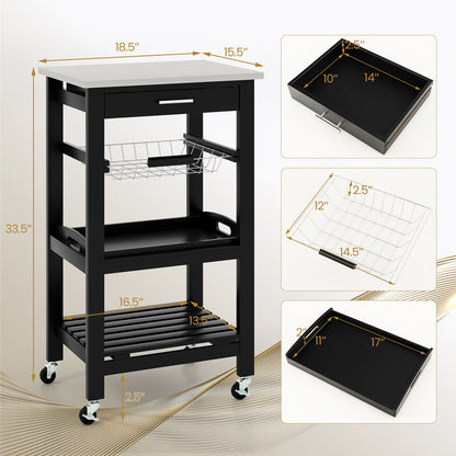Kitchen Island Cart with Stainless Steel Tabletop and Basket, Black Kitchen Islands & Carts at Gallery Canada