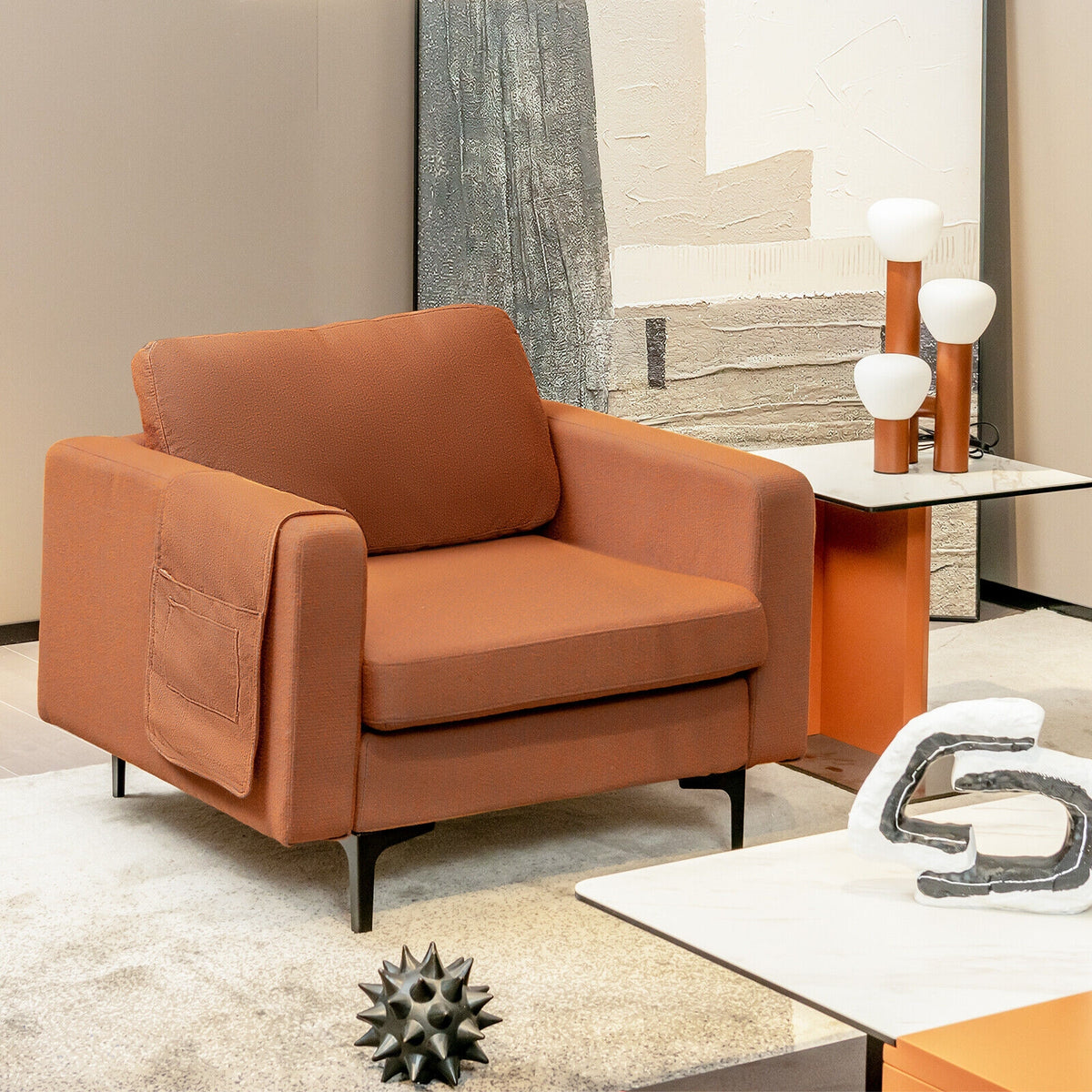 Modern Accent Armchair, With Side Storage Pocket, Orange Accent Chairs at Gallery Canada