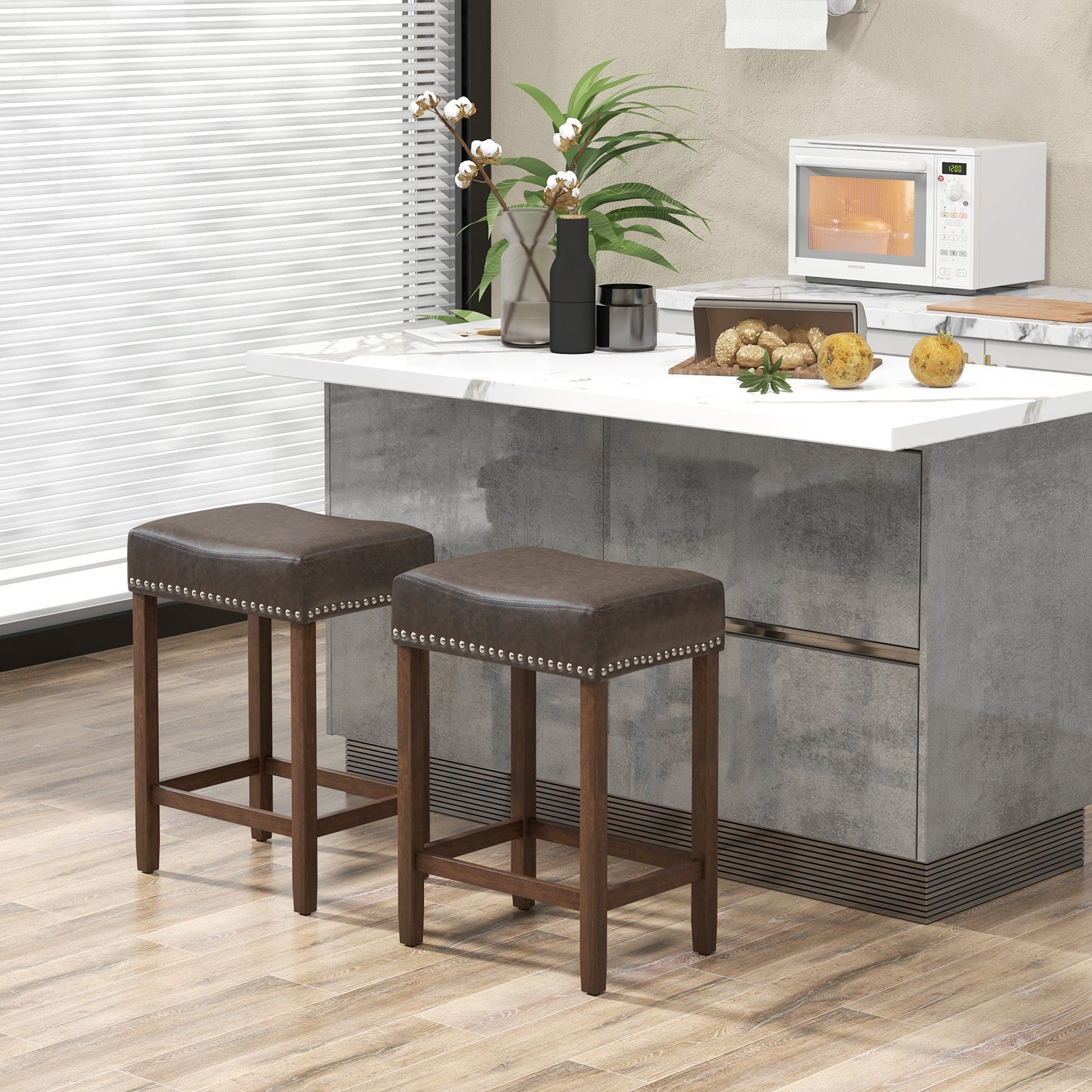 24 Inch Upholstered PU Leather Bar Stools, Set of 2, Gray Bar Stools at Gallery Canada