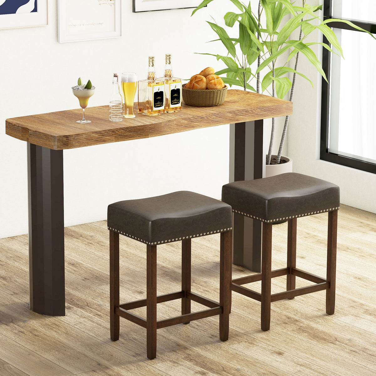 24 Inch Upholstered PU Leather Bar Stools, Set of 2, Gray Bar Stools at Gallery Canada