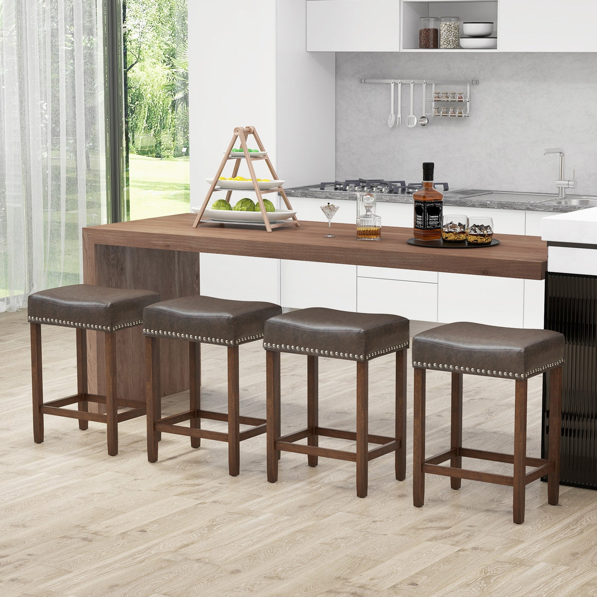 24 Inch Upholstered PU Leather Bar Stools, Set of 2, Gray Bar Stools at Gallery Canada