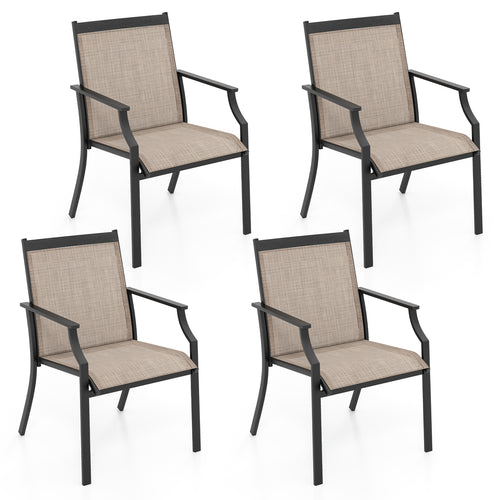 4 Piece Patio Dining Chairs, Large Outdoor, Breathable Seat, Metal Frame, Coffee