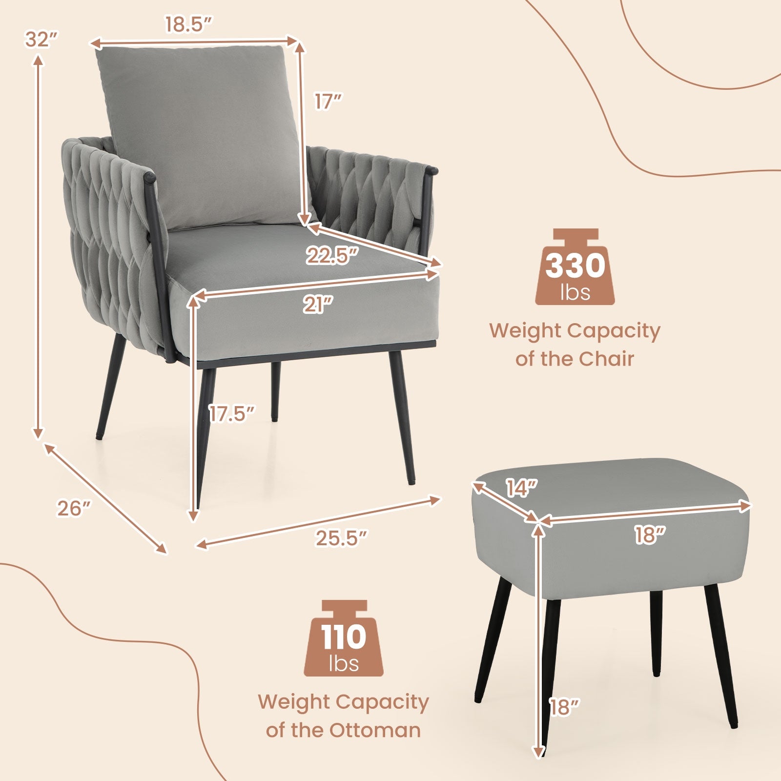 Modern Dutch Velvet Accent Chair, Ottoman Set, Gray Accent Chairs at Gallery Canada