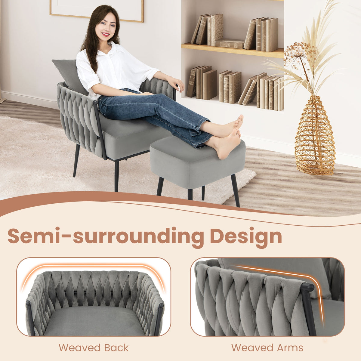 Modern Dutch Velvet Accent Chair, Ottoman Set, Gray Accent Chairs at Gallery Canada