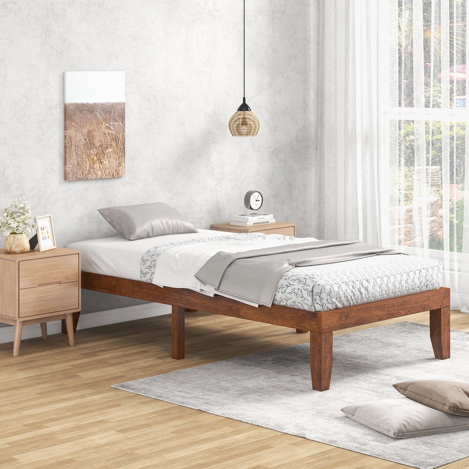 14 Inch Twin Size Platform Bed Frame, Wood Slat Support, Walnut Simple Bed Frame at Gallery Canada