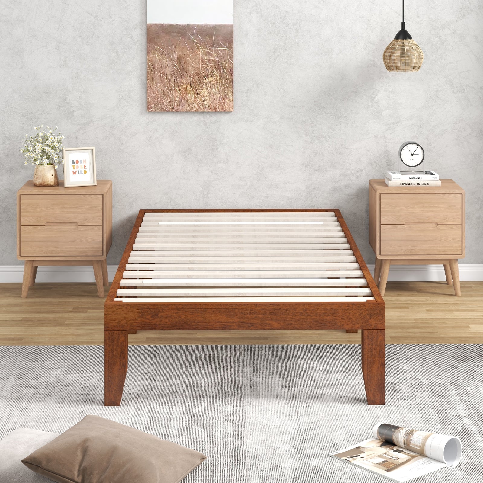 14 Inch Twin Size Platform Bed Frame, Wood Slat Support, Walnut Simple Bed Frame at Gallery Canada