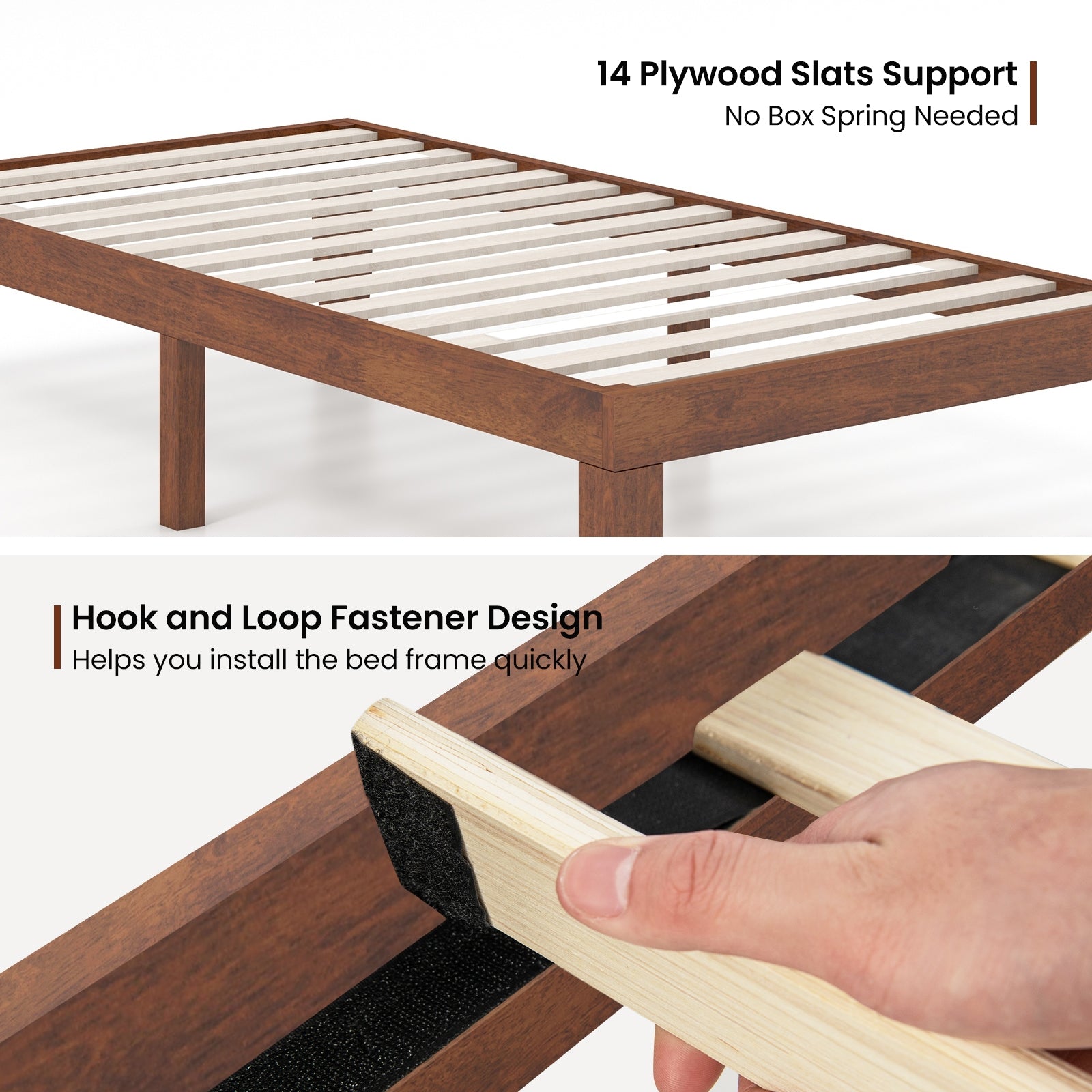 14 Inch Twin Size Platform Bed Frame, Wood Slat Support, Walnut Simple Bed Frame at Gallery Canada