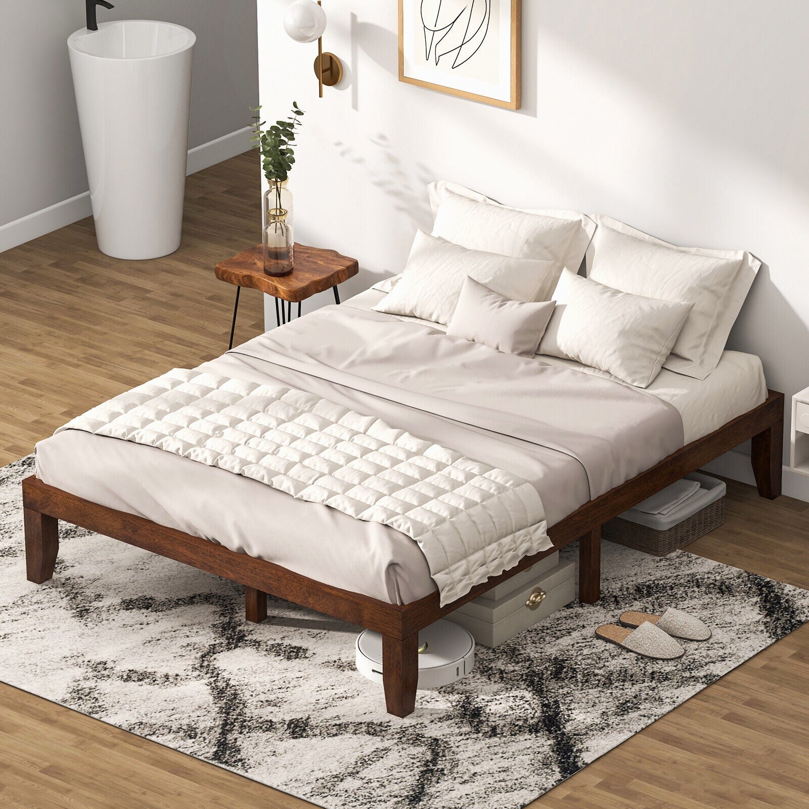 14 Inch Queen Size Platform Bed Frame, Wood Slat Support, Walnut Simple Bed Frame at Gallery Canada
