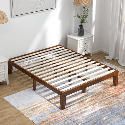 14 Inch Queen Size Platform Bed Frame, Wood Slat Support, Walnut Simple Bed Frame at Gallery Canada