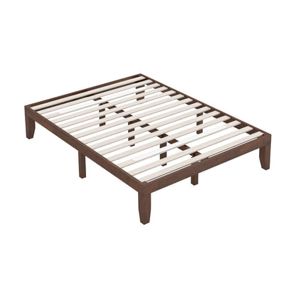 14 Inch Queen Size Platform Bed Frame, Wood Slat Support, Walnut Simple Bed Frame Walnut at Gallery Canada
