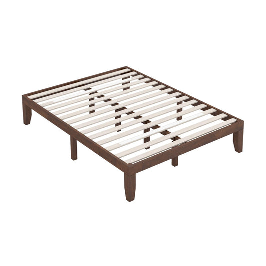 14 Inch Queen Size Platform Bed Frame, Wood Slat Support, Walnut Simple Bed Frame Walnut at Gallery Canada