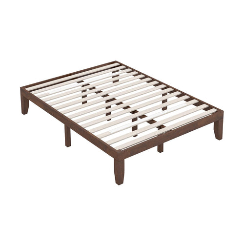 14 Inch Queen Size Platform Bed Frame, Wood Slat Support, Walnut