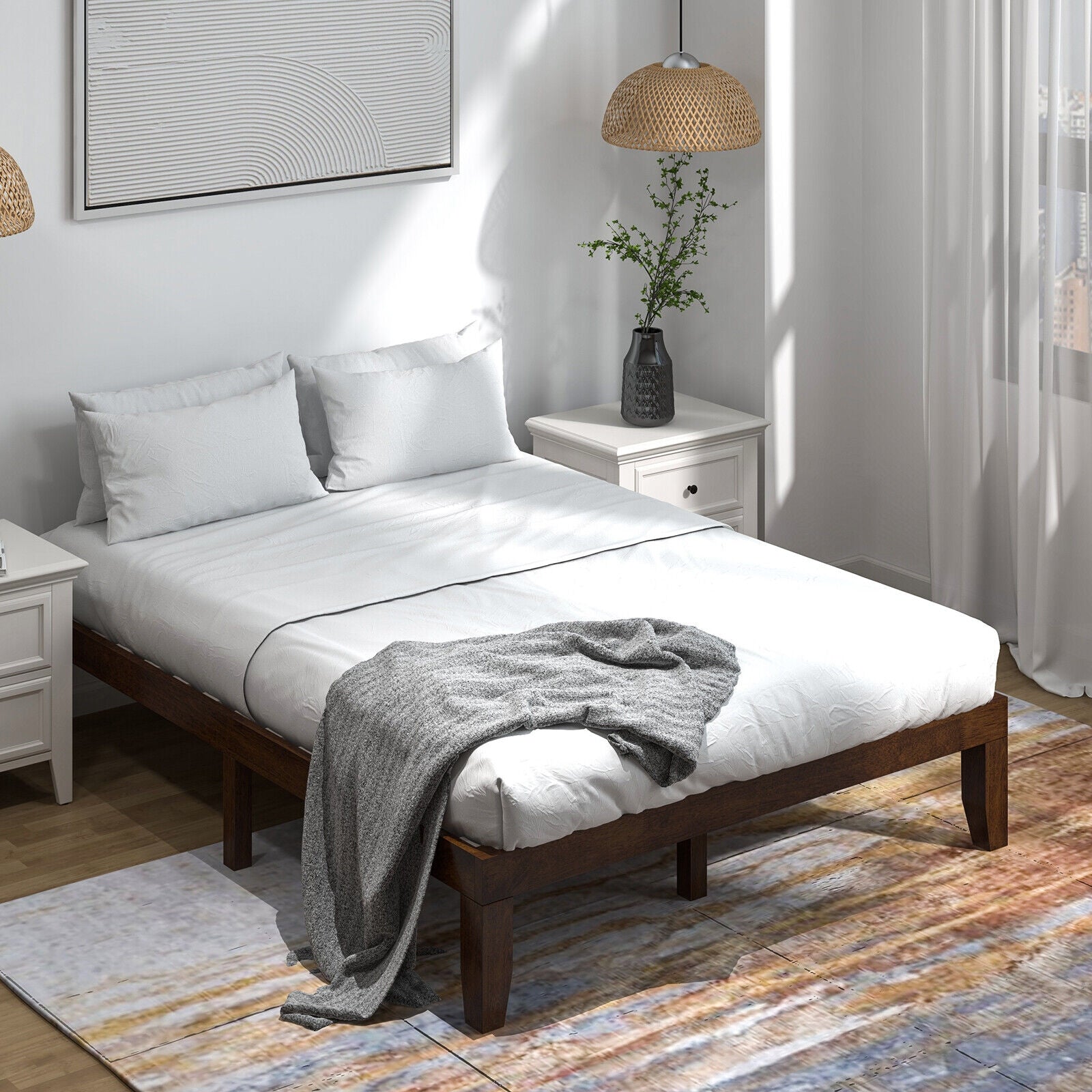 14 Inch Queen Size Platform Bed Frame, Wood Slat Support, Walnut Simple Bed Frame at Gallery Canada