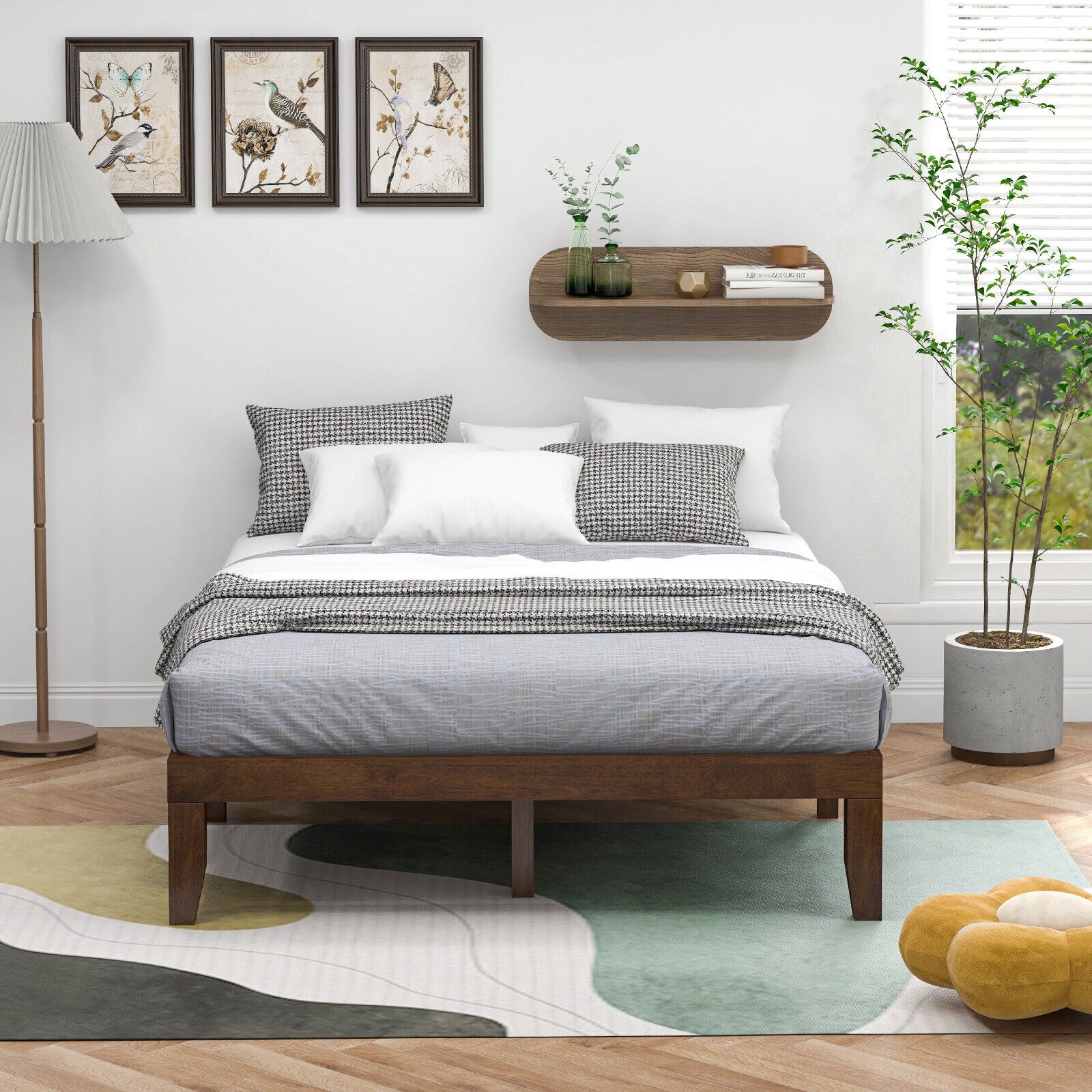 14 Inch Queen Size Platform Bed Frame, Wood Slat Support, Walnut Simple Bed Frame at Gallery Canada