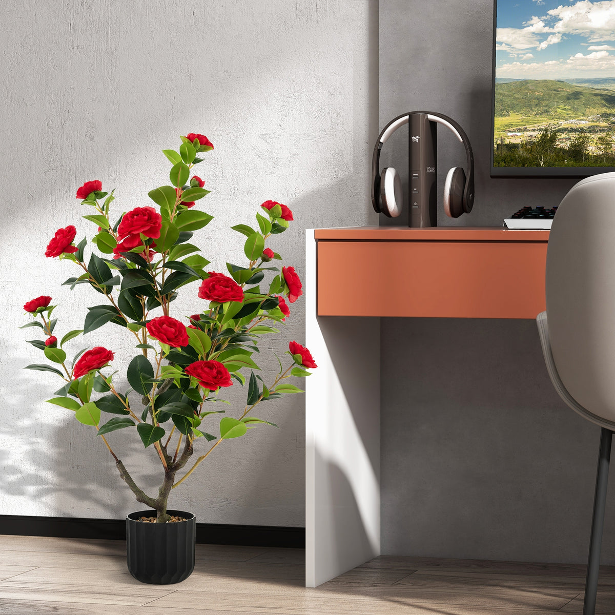 38 Inch Artificial Camellia Tree, Cement Pot, Red Faux Plants at Gallery Canada