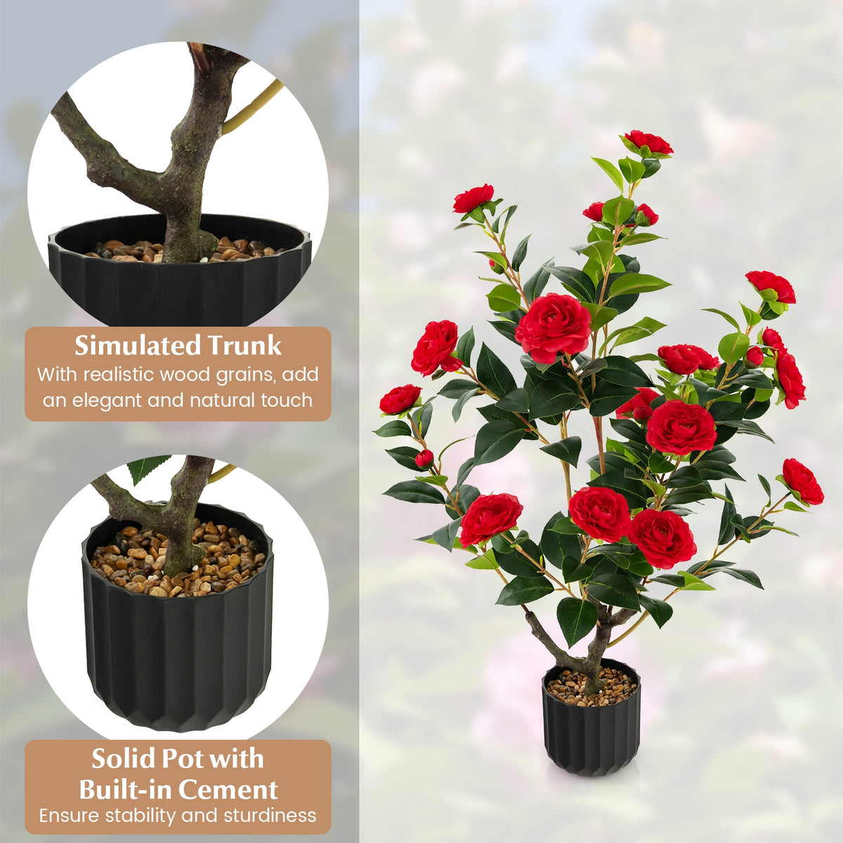 38 Inch Artificial Camellia Tree, Cement Pot, Red Faux Plants at Gallery Canada