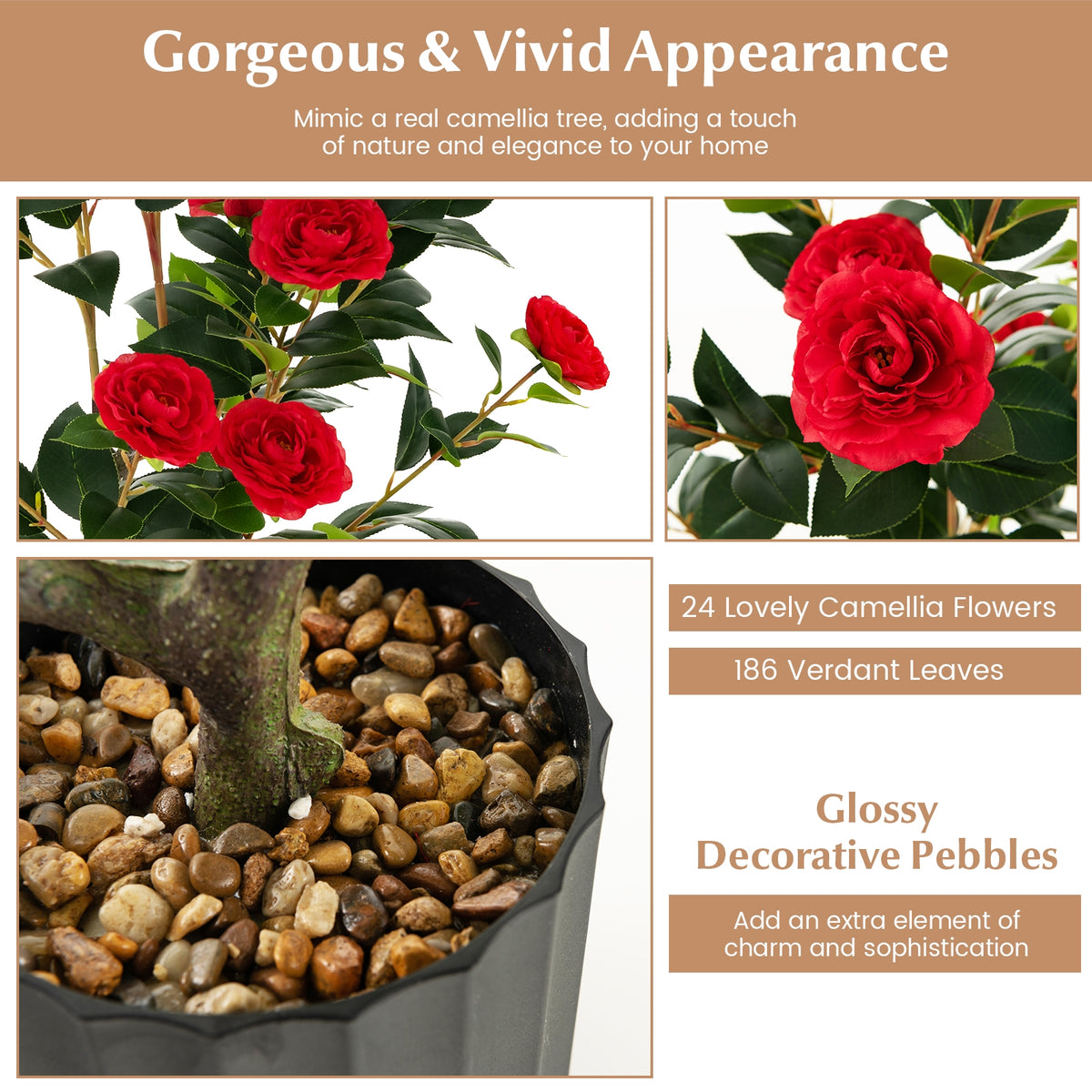 38 Inch Artificial Camellia Tree, Cement Pot, Red Faux Plants at Gallery Canada
