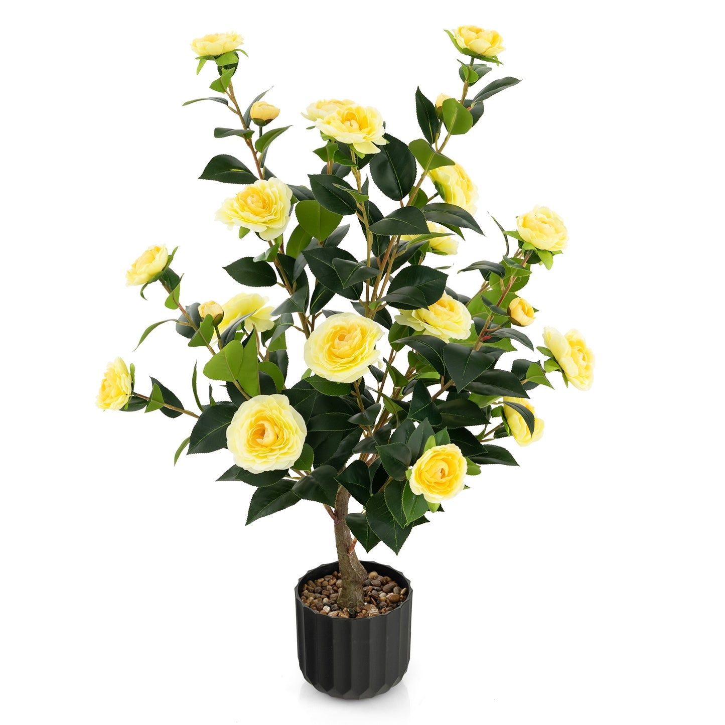 38 Inch Artificial Camellia Tree, Cement Pot, Yellow Faux Plants at Gallery Canada