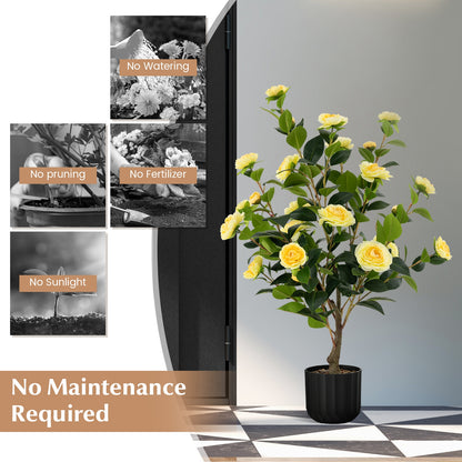 38 Inch Artificial Camellia Tree, Cement Pot, Yellow Faux Plants at Gallery Canada