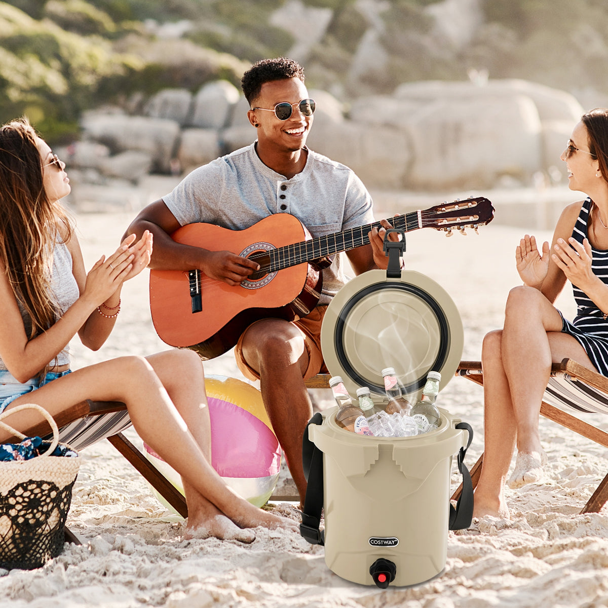 10 QT Insulated Drink Cooler With Spigot, Flat Seat Lid, Adjustable Strap, Beige Coolers at Gallery Canada