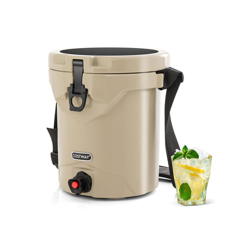 10 QT Insulated Drink Cooler With Spigot, Flat Seat Lid, Adjustable Strap, Beige